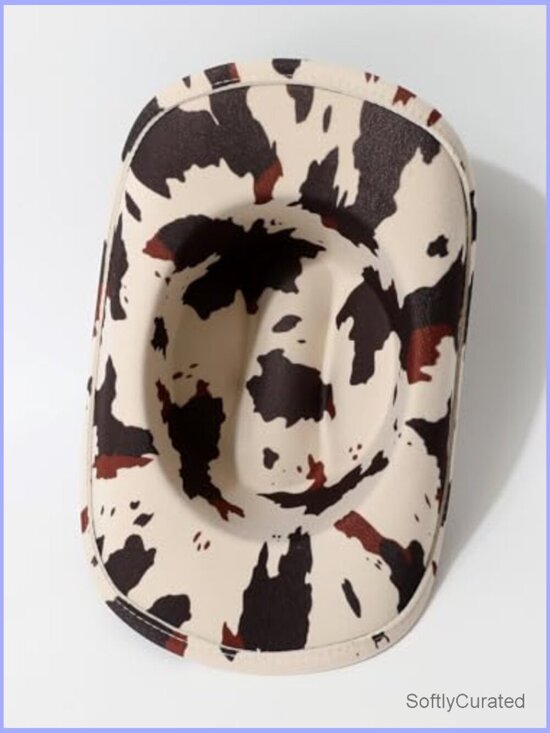 Cow Print Cowgirl Hat with Metal Star Hatband Western Travel Costume